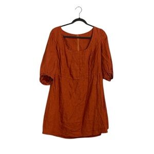linen handmade studio brown dress Rust Orange Puff Sleeve Dress